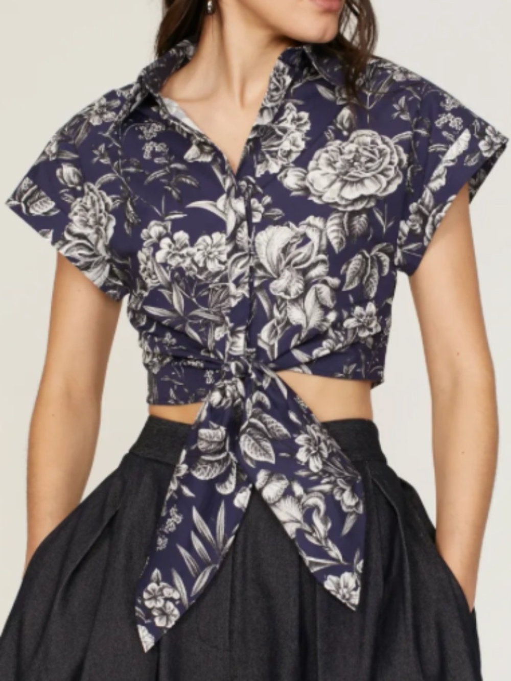 Adam Lippes Printed Poplin Button-Front Shirt with Self-Tie Hem Navy- Repair